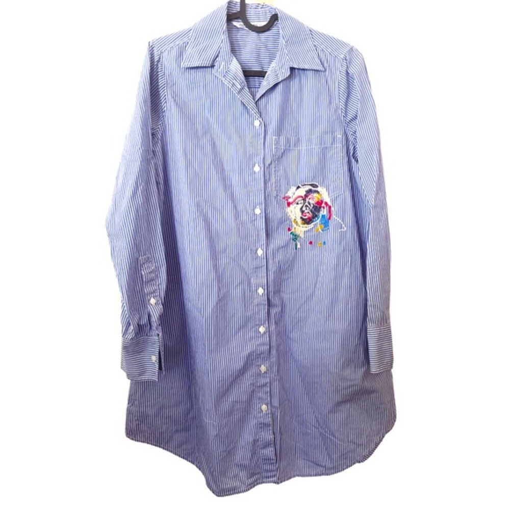 Zara Basic 1975 Denim Blue White striped Long Sleeve Tunic Embroidered Button Up